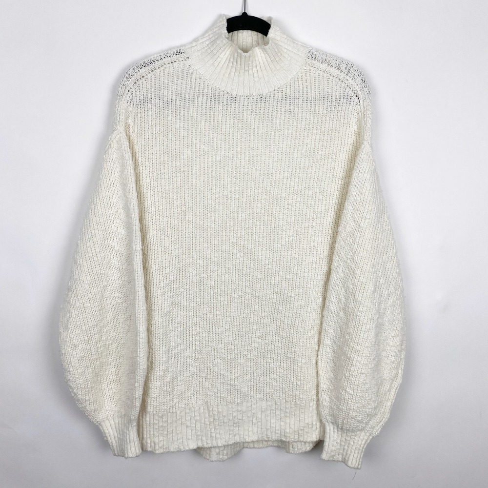 Aerie Mock Neck Oversized Balloon Sleeve Cotton Knit Sweater Womens Medium Cream